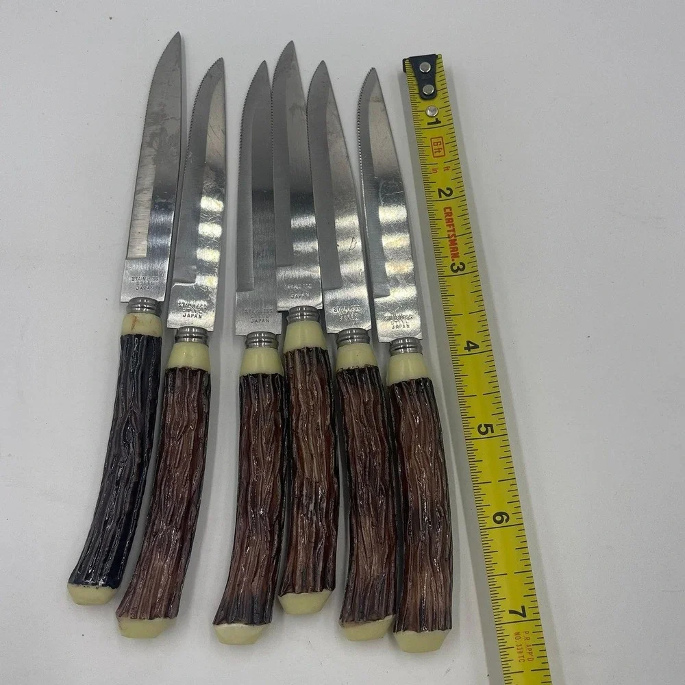 Mid Century‎ Set of 6 Vintage Steak Knives Stainless Steel Japan Faux Antler